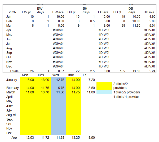 Mesa Clinic patient days and both clinics summary